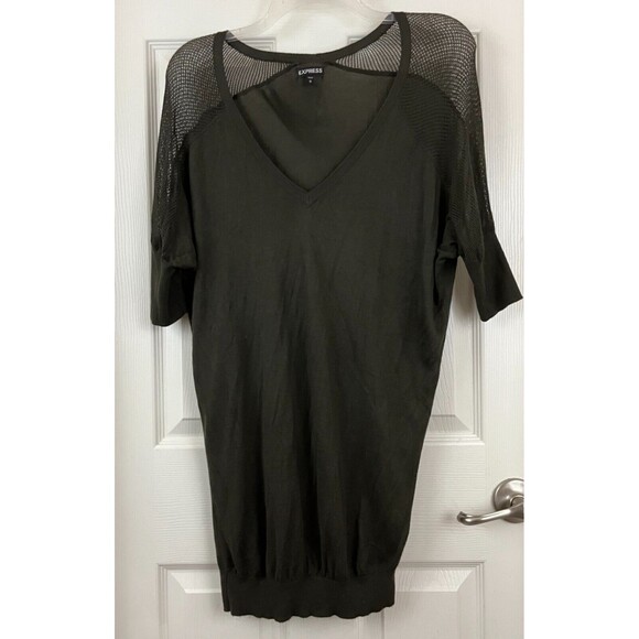 EXPRESS - Green 3/4 Dolman Sleeve Mesh Shoulders Light Wt Rayon Blend Sweater Sm - Picture 1 of 7